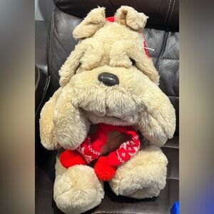 Adorable Vintage Tan Plush Dog from 1984 with Red Accents
